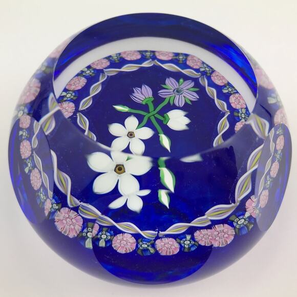 Perthshire 1986B Bouquet Lampwork Flower Millefiori Twist Facet Blue Paperweight - Picture 2 of 14